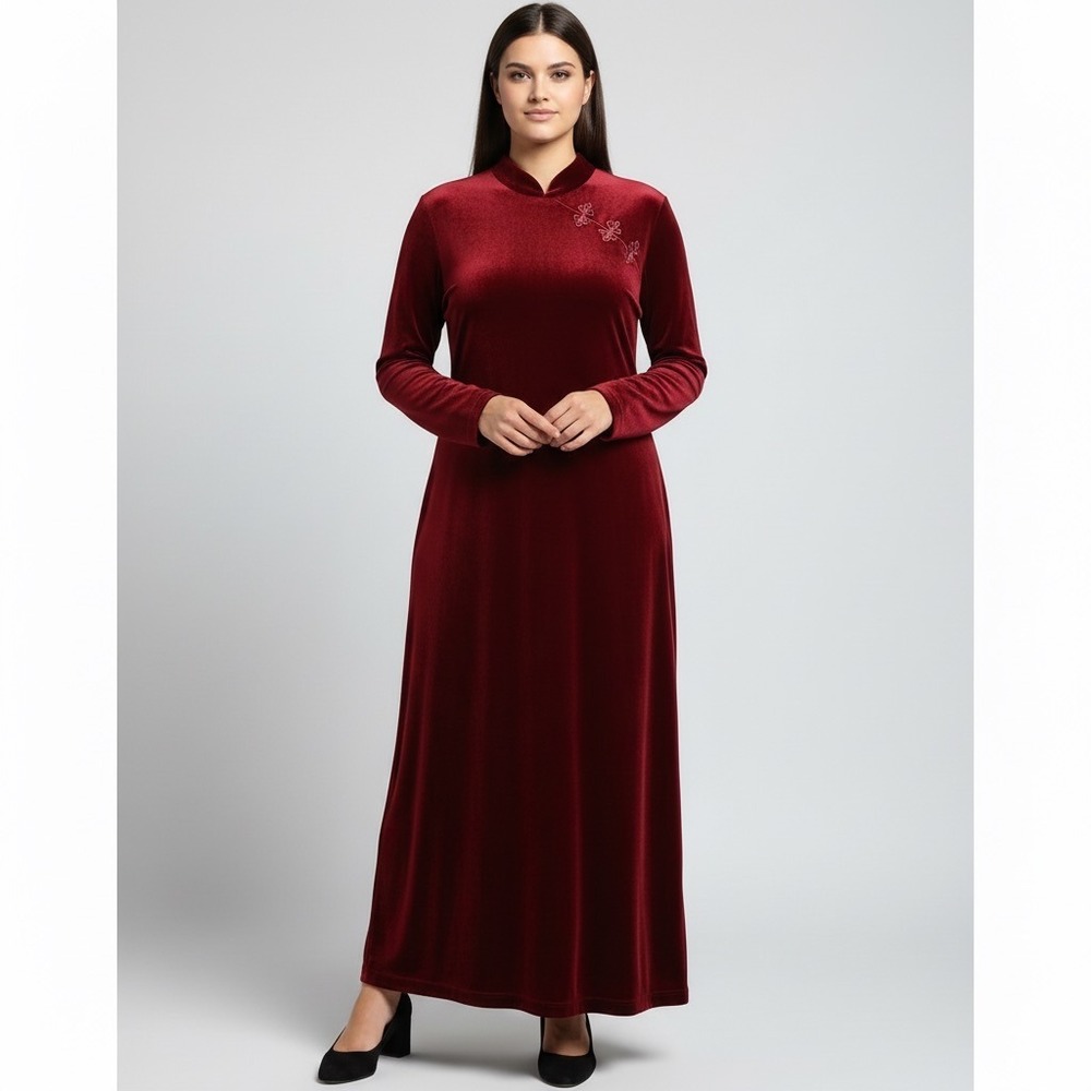 Stretch Velvet Asian Inspired Dress Women 14 Red Long Sleeves Maxi Long‎ Length